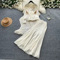 V Neck Lace Two Piece Set for Women Embroidered Beaded Design Elegant Autumn Office Wear