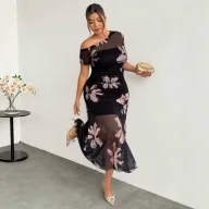 Elegant Floral Pattern Spring Dress Slim Fit Sand Color Fashionable Design Perfect for Spring Events Wholesale