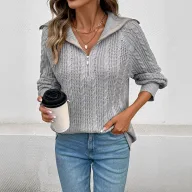 Womens Gray Half Zip Sweater Casual Style with Collar Cozy Knit Fabric Available in Multiple Sizes Wholesale Supply