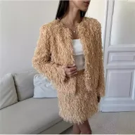 Womens Khaki Fringe Set Elegant Jacket and Skirt Casual Autumn Winter Outfit fast shipping