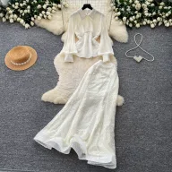 French Style Sequined Mesh Pleated Two Piece Set Waist Cinching Elegant Design Ideal for Spring and Autumn Wholesale