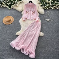 French Style Sequined Mesh Pleated Two Piece Set Waist Cinching Elegant Design Ideal for Spring and Autumn Wholesale