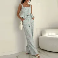 Summer Womens Fashion Set Floral Print Ruffle Hem Sleeveless Casual Wide Leg Pants Perfect for Vacation or Daily