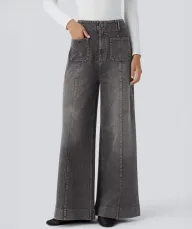 High Waisted Pocketed Patchwork Button Zipper Wide Leg Jeans Womens Fashion Fall Winter Collection Wholesale Available