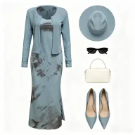 French Style Blue Floral Bodycon Dress Set Slim Fit Waist Cinching Spaghetti Straps Spring Fall Vacation Wear