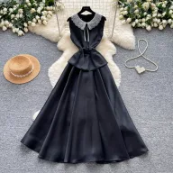 Lace Peter Pan Collar A Line Dress for Women in Red High Waist Elegant Long Dress for Summer Casual Wear Wholesale
