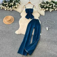 Denim Crop Top and Wide Leg Pants Set for Women High Waist Comfortable Fit Spring Summer Casual Wear