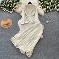 French Style V Neck Embroidered Jacket with High Waisted Pleated Skirt Elegant Lightweight Two Piece Set for Spring and