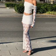 Off Shoulder Lace Long Sleeve Top and Fishtail Skirt Set for Women Elegant White Fall Fashion