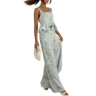 Summer Womens Fashion Set Floral Print Ruffle Hem Sleeveless Casual Wide Leg Pants Perfect for Vacation or Daily