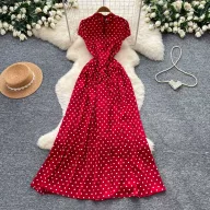 Retro Red Short Sleeve Polka Dot Dress for Women High Waist A Line Summer Casual Wear Wholesale customizable