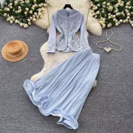 French Style V Neck Embroidered Jacket with High Waisted Pleated Skirt Elegant Lightweight Two Piece Set for Spring and