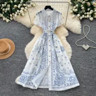 Geometric Print Sleeveless Shirt Dress for Women Summer Casual Fit with Waist Detail Available in Blue Wholesale Supply