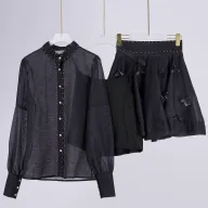 Womens Lantern Sleeve Button Up Shirt and A Line Skirt Set Casual Spring Summer Fashion Available in Multiple Colors