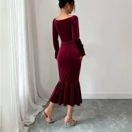 Velvet V Neck Dress Slimming Fit Irregular Hem Midi Length Autumn Winter Fashion Wholesale Available