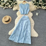 Sleeveless Lace Embroidered Top and High Waist Skirt Set Elegant French Style Autumn Fashion