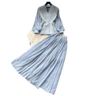 French Style V Neck Embroidered Jacket with High Waisted Pleated Skirt Elegant Lightweight Two Piece Set for Fall