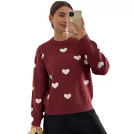 Womens Vintage Heart Pattern Sweater Round Neck Long Sleeve Knit Cozy Fall Winter Fashion