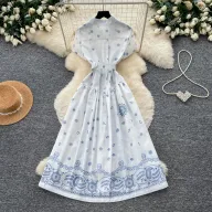Geometric Print Sleeveless Shirt Dress for Women Summer Casual Fit with Waist Detail Available in Blue Wholesale Supply