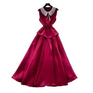 Lace Peter Pan Collar A Line Dress for Women in Red High Waist Elegant Long Dress for Summer Casual Wear Wholesale