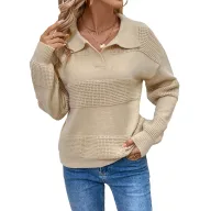 Womens Casual Knit Sweater Solid Color Half Placket Long Sleeve Khaki OEM ODM service