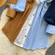 Retro Color Block Long Sleeve Shirt Dress for Women with Waist Tie Casual Summer Office Wear Wholesale