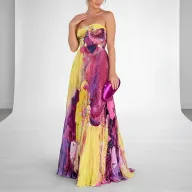 Elegant Floral Print Strapless Dress for Women Summer Collection Available in Purple Wholesale Sizes S to 3XL