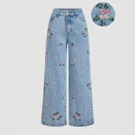 Casual Womens Embroidered Straight Leg Jeans Blue Denim Various Sizes private label