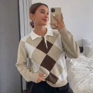 Womens Long Sleeve Sweater Soft Textured Knit Collared Design Casual Chic Style