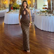 Summer Womens Dress Sexy Hollow Cross Neck Fashionable Sequins Bodycon Fit Evening Party Wear Wholesale Available