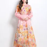 Floral Print Two Piece Set for Women Stand Collar Lantern Sleeve High Waist Maxi Skirt Vacation Style Wholesale