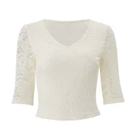 Womens V Neck Lace Short Sleeve T Shirt Slim Fit Apricot Color Summer Casual Wear