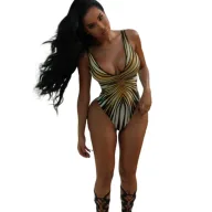 Womens Summer Jumpsuit Set Sexy Low Neckline Slim Fit Striped Pattern Available in Yellow Wholesale Sizes S M L