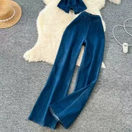 Denim Crop Top and Wide Leg Pants Set for Women High Waist Comfortable Fit Spring Summer Casual Wear