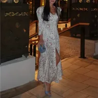 Elegant Floral Print Waist Defined Dress for Women Summer Style Available in White Wholesale Sizes S to 3XL