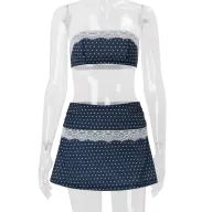 Womens Summer Vacation Set Blue Polka Dot Lace Trim Strapless Top and A Line Skirt Casual Wear