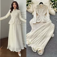 French Style V Neck Embroidered Jacket with High Waisted Pleated Skirt Elegant Lightweight Two Piece Set for Spring and