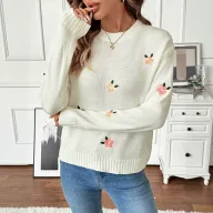 Womens Loose Fit White Sweater with Floral Embroidery Round Neck Long Sleeve for Spring and Autumn Wholesale