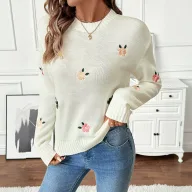 Womens Loose Fit White Sweater with Floral Embroidery Round Neck Long Sleeve for Spring and Autumn Wholesale