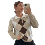 Womens Long Sleeve Sweater Soft Textured Knit Collared Design Casual Chic Style