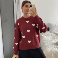 Womens Vintage Heart Pattern Sweater Round Neck Long Sleeve Knit Cozy Fall Winter Fashion