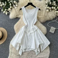 Sleeveless A Line Dress for Women Irregular Hem Slim Fit Summer Style Available in White and Khaki Wholesale Ready