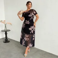 Elegant Floral Pattern Spring Dress Slim Fit Sand Color Fashionable Design Perfect for Spring Events Wholesale