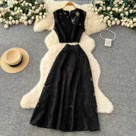 Sleeveless Lace Embroidered Top and High Waist Skirt Set Elegant French Style Autumn Fashion