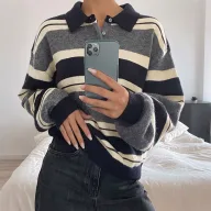 Loose Fit Striped Knit Sweater for Women Soft Fabric Classic Collar Casual Style Available in Blue Wholesale