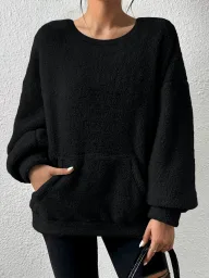 Casual Sweatshirt Solid Color Round Neck Long Sleeve Pocket Design Autumn Winter Fashion Wholesale Available