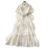 Pink Lantern Sleeve Mesh Dress for Women with Sequin Waist A Line Elegant Long Dress for Summer Casual Wear Wholesale