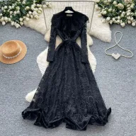 French Court Style Lace Long Sleeve Dress High Waist Tie Waist A Line Silhouette Elegant for Autumn Wholesale