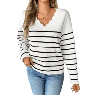 Womens Long Sleeve V Neck Sweater Striped Pattern Casual Style Available in White Wholesale Supply factory direct