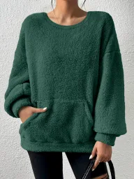 Casual Sweatshirt Solid Color Round Neck Long Sleeve Pocket Design Autumn Winter Fashion Wholesale Available